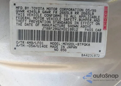 1999 Lexus Es 300 z USA, uszkodzony, nr VIN JT8BF28G2X0218812